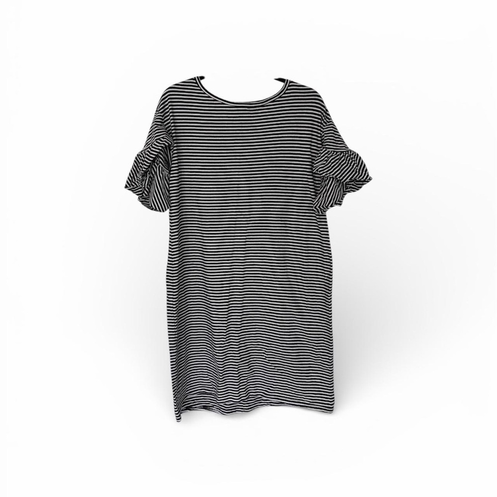 Black and white striped t-shirt dress with ruffled sleeves